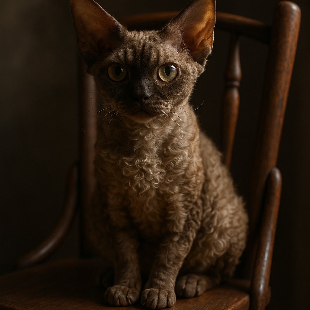 Curled Majesty: Devon Rex on a Wooden Chair