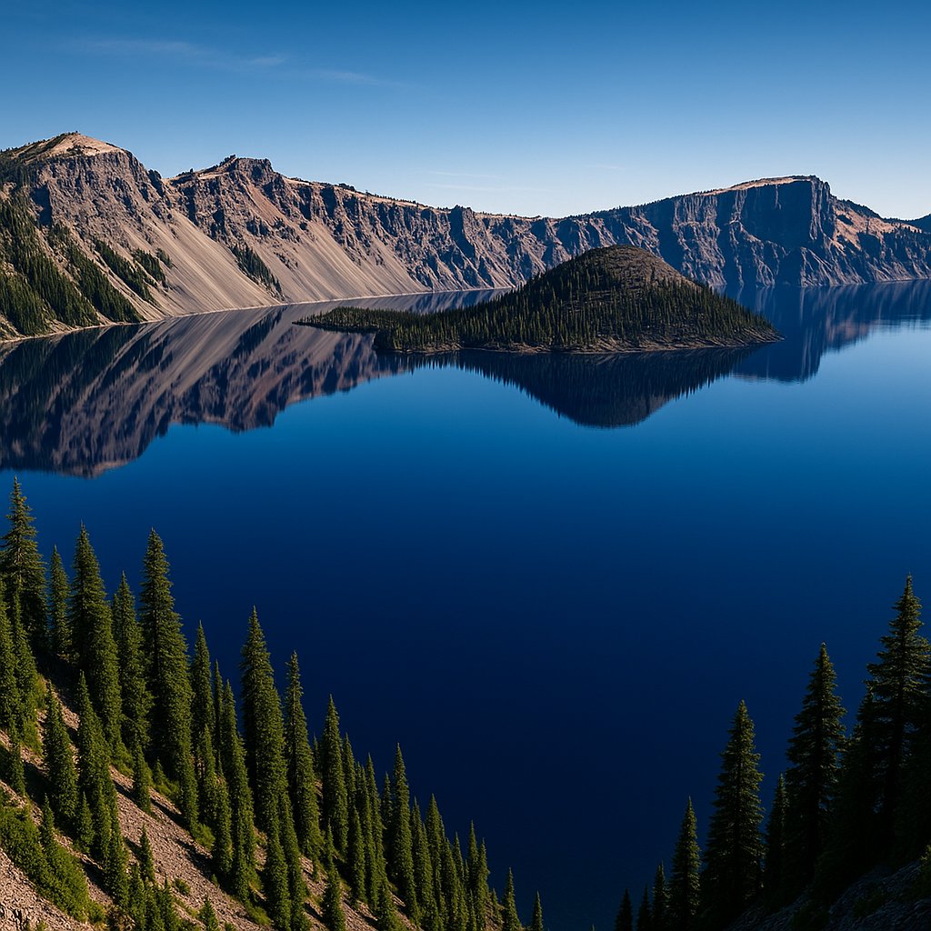Deep-Blue Crater Lake with Wizard Island Reflection