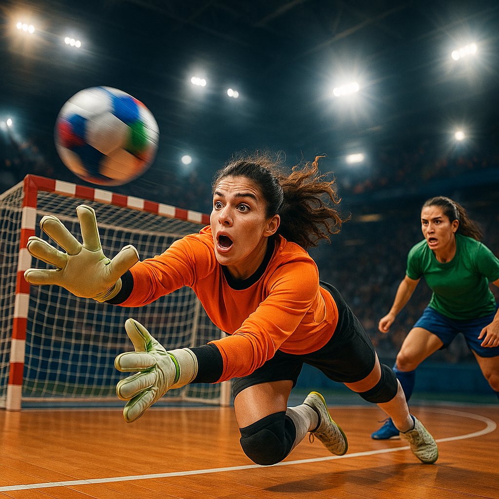 Diving Save — Women's Futsal Goalkeeper in Mid‑Air