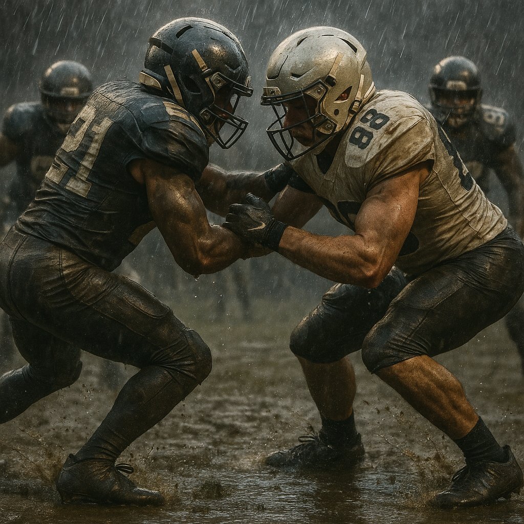 Downpour Clash: Rain-Soaked Line of Scrimmage