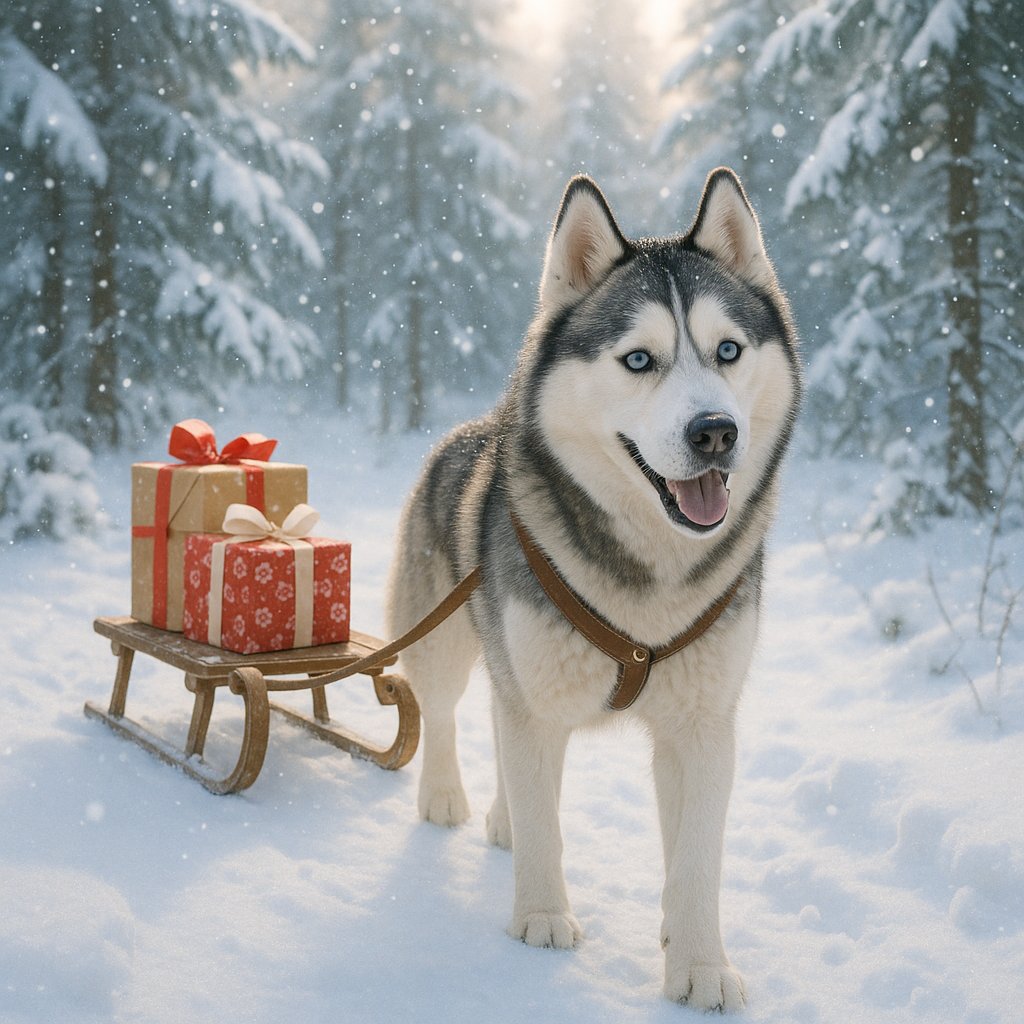 Festive Husky and Gift Sled in Winter Forest