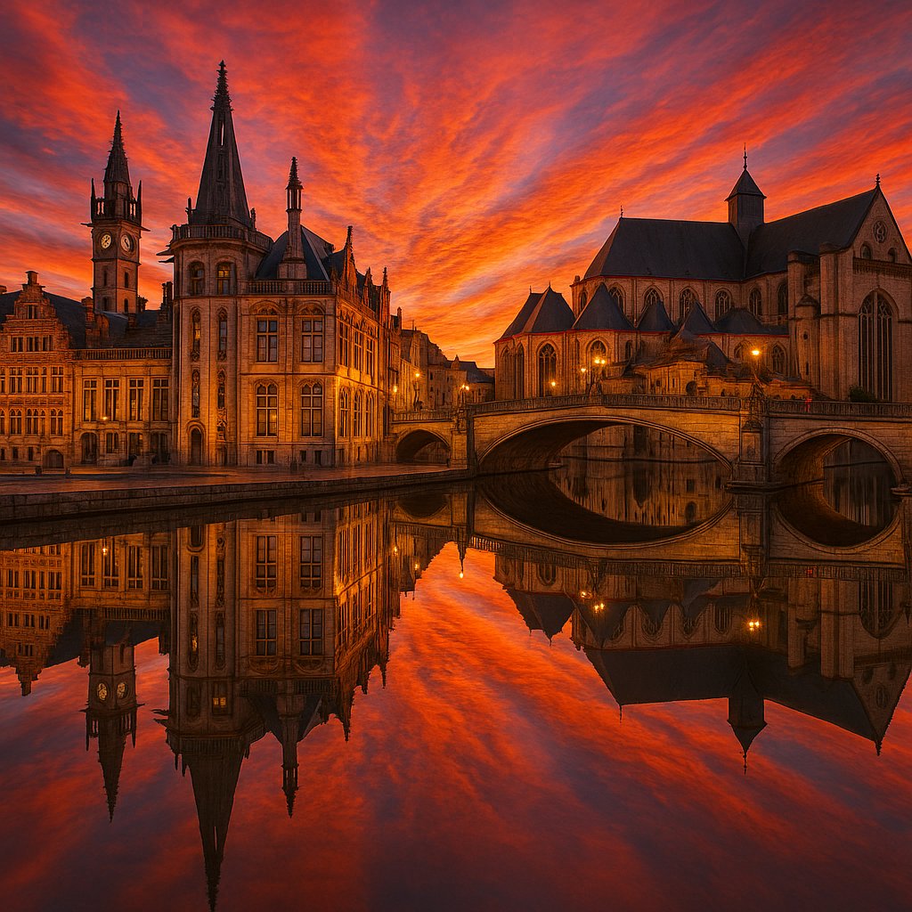 Ghent at Sunset — St. Michael’s Bridge Reflection