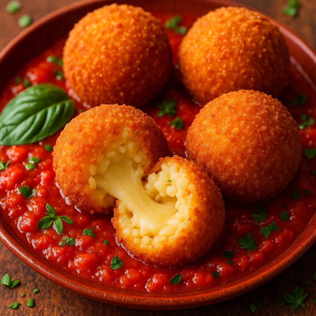 Golden Arancini with Melty Cheese Pull