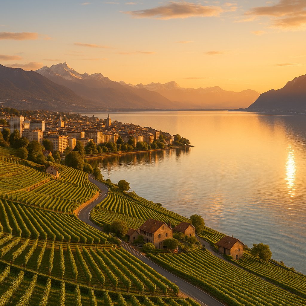 Golden Hour Over Lausanne: Vineyards, Lake and Alps