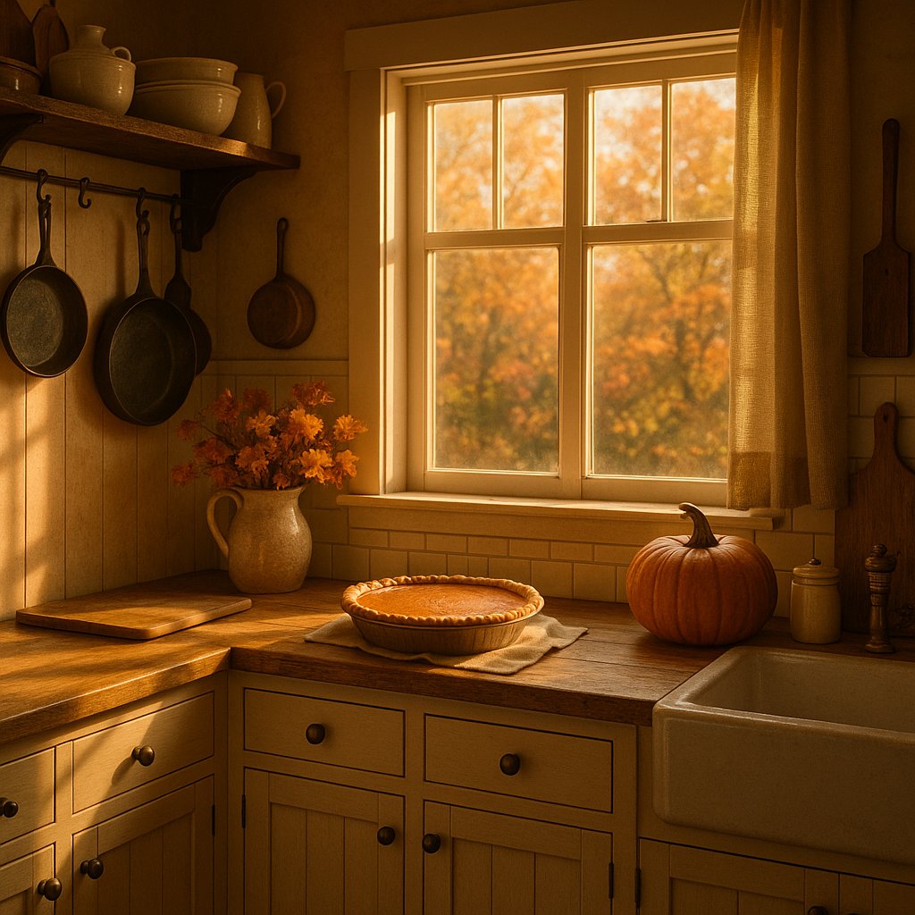 Golden-Hour Pumpkin Pie in a Cozy Farmhouse Kitchen