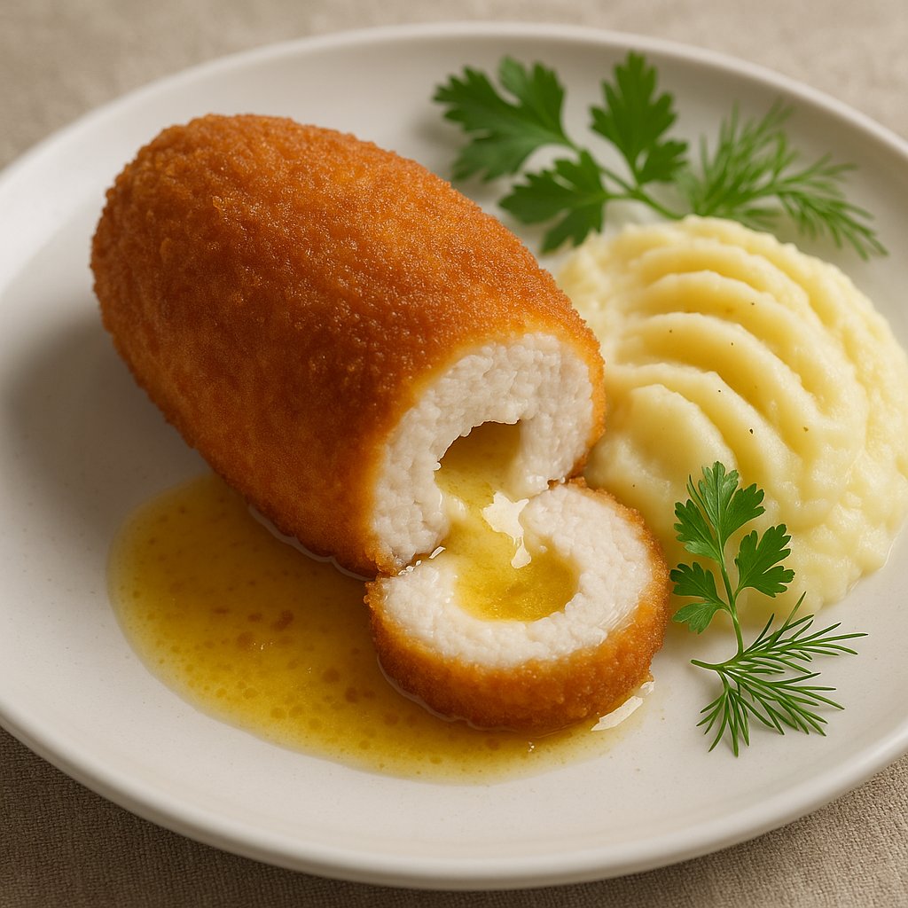 Golden Kyiv-Style Cutlet with Melted Butter and Creamy Mashed Potatoes