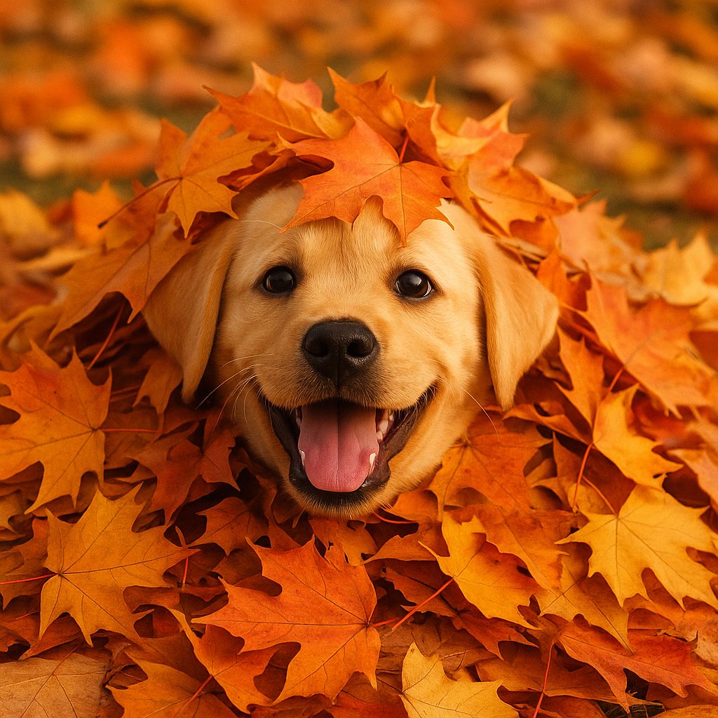 Golden Labrador Puppy Peeking Through Autumn Leaves