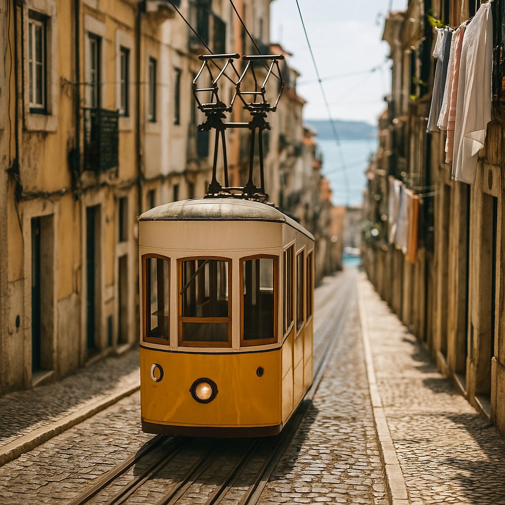Golden Tram on a Sunlit Cobblestone Lane