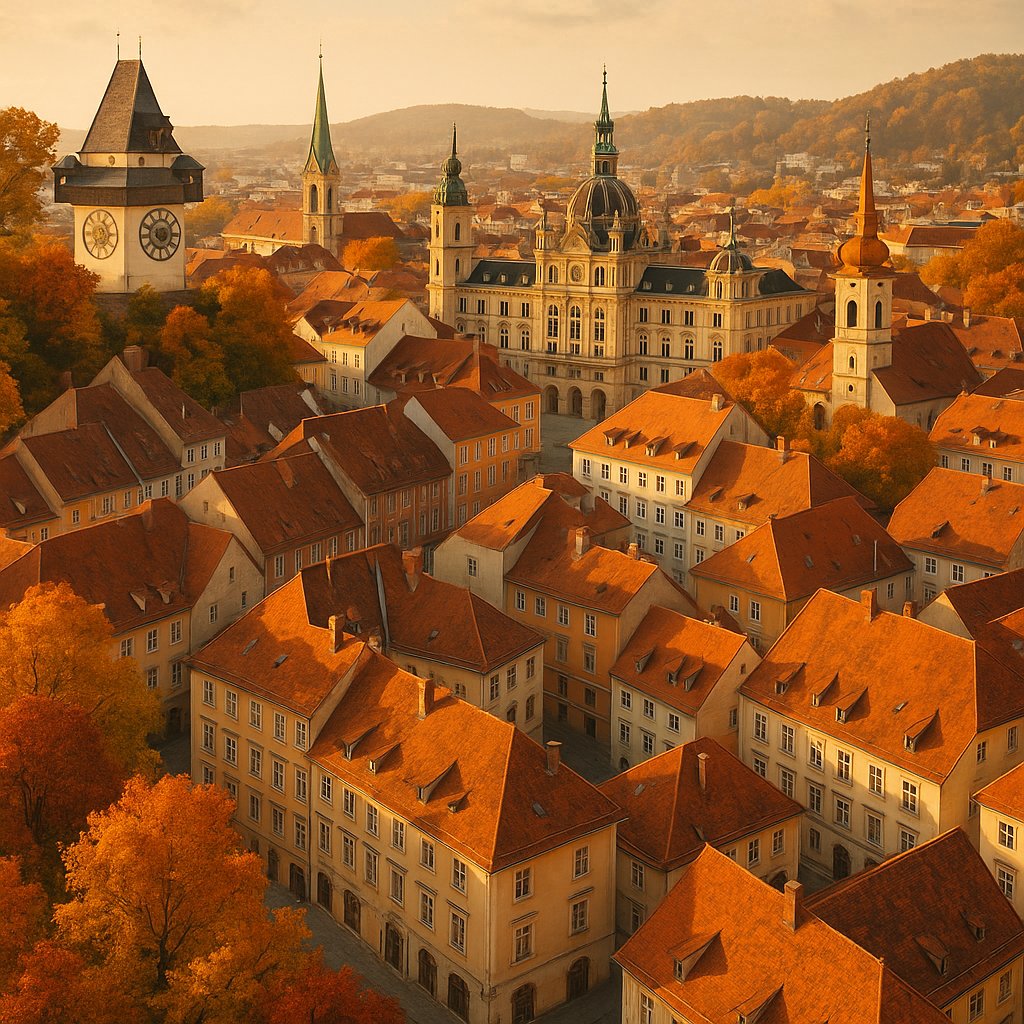 Graz Historic Center in Autumn — Golden Aerial View