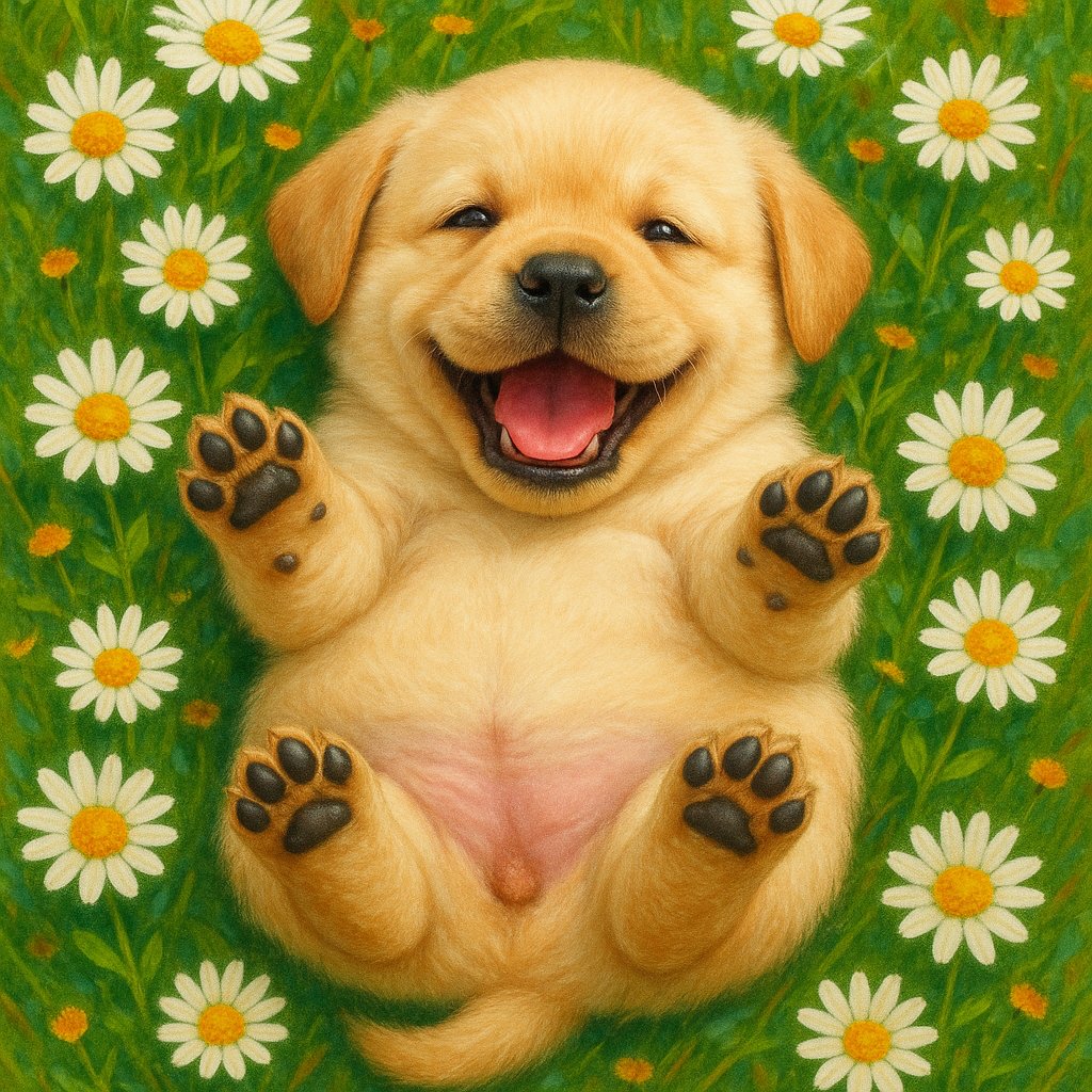 Happy Labrador Puppy in a Daisy Meadow