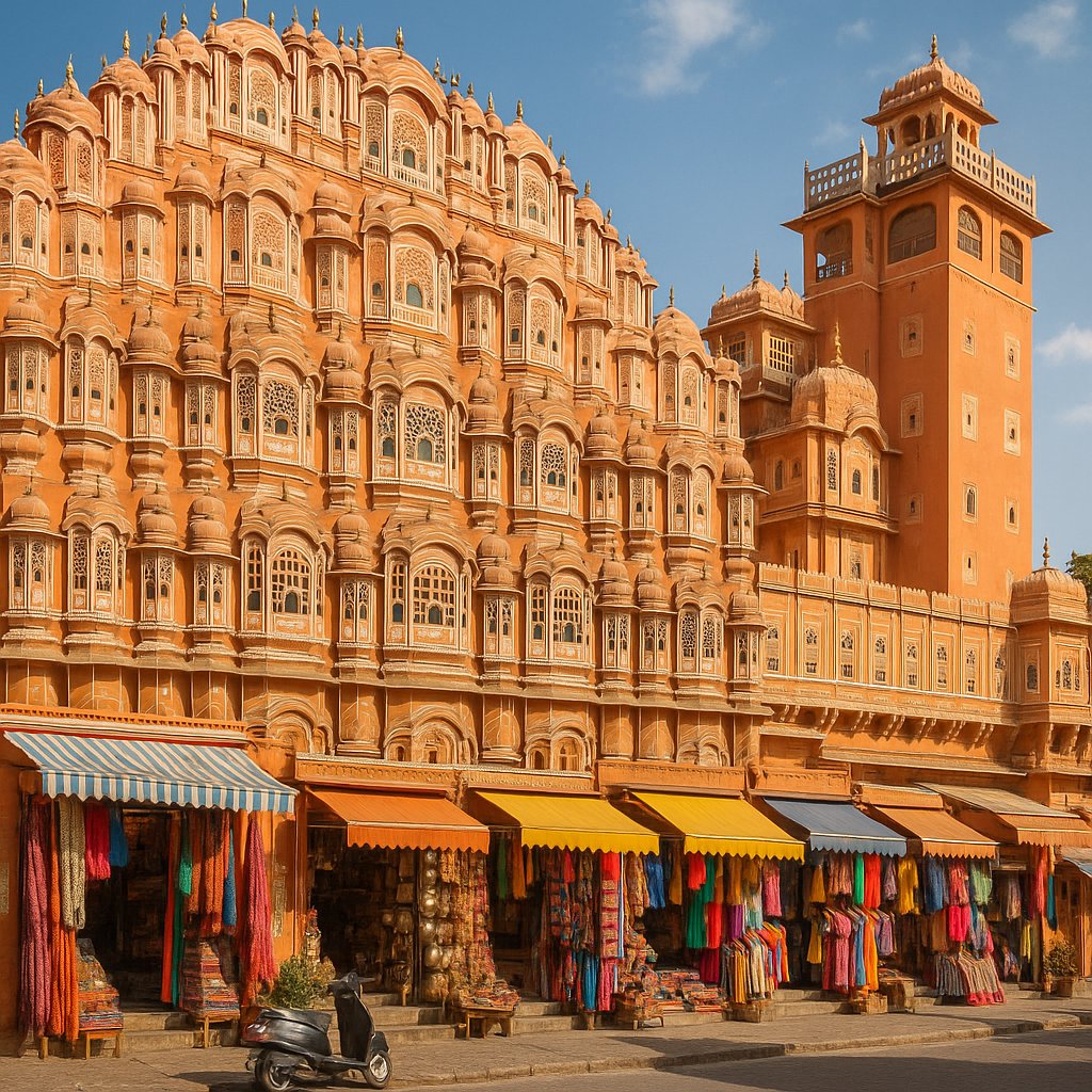 Hawa Mahal Facade and Colorful Market, Jaipur