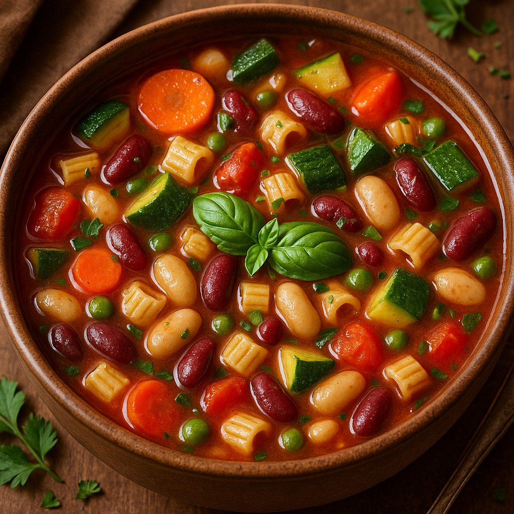 Hearty Italian Minestrone Soup with Vegetables, Beans & Pasta