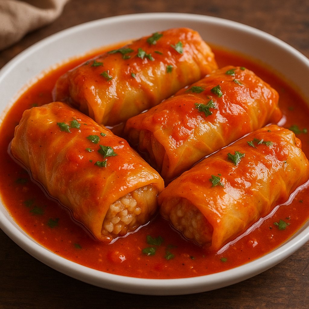 Holubtsi (Stuffed Cabbage Rolls) in Tomato Sauce