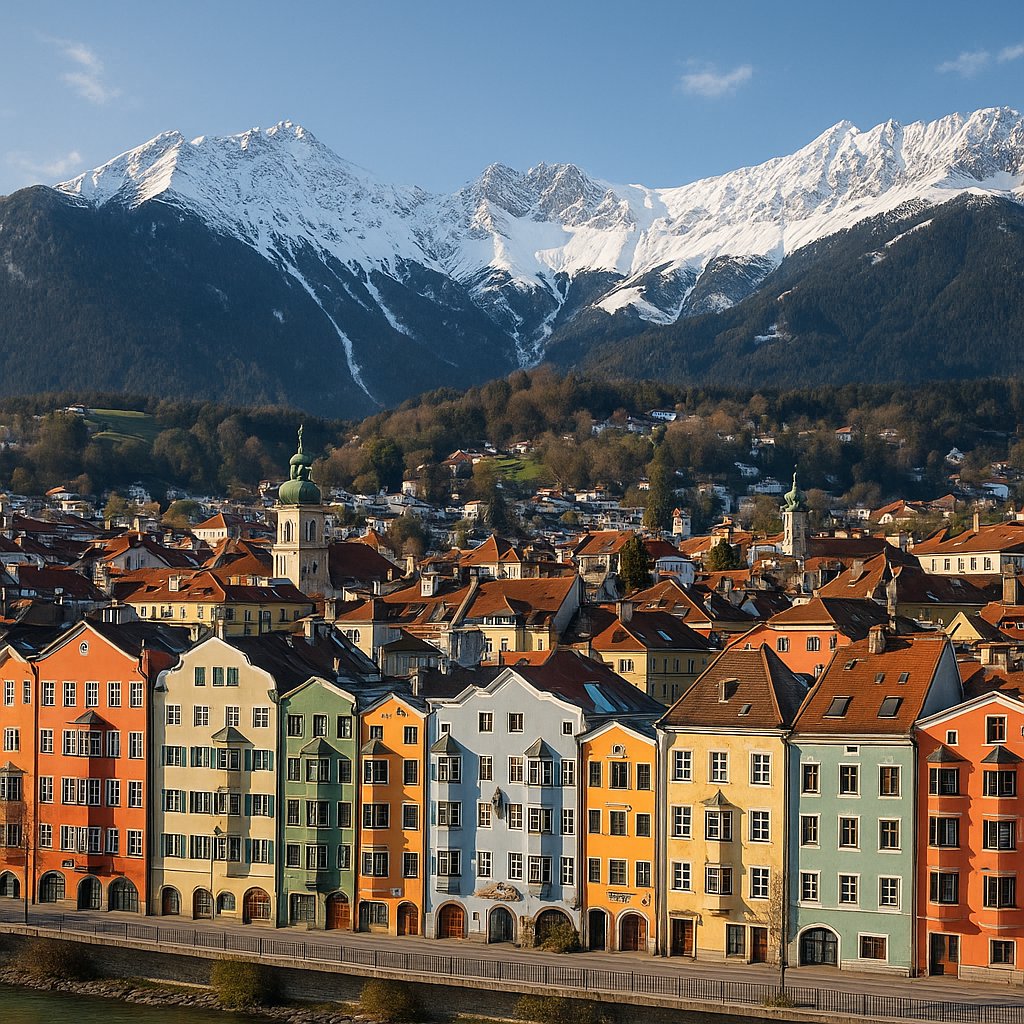 Innsbruck Mountain View — Colorful Riverside Facades with Snowy Alps