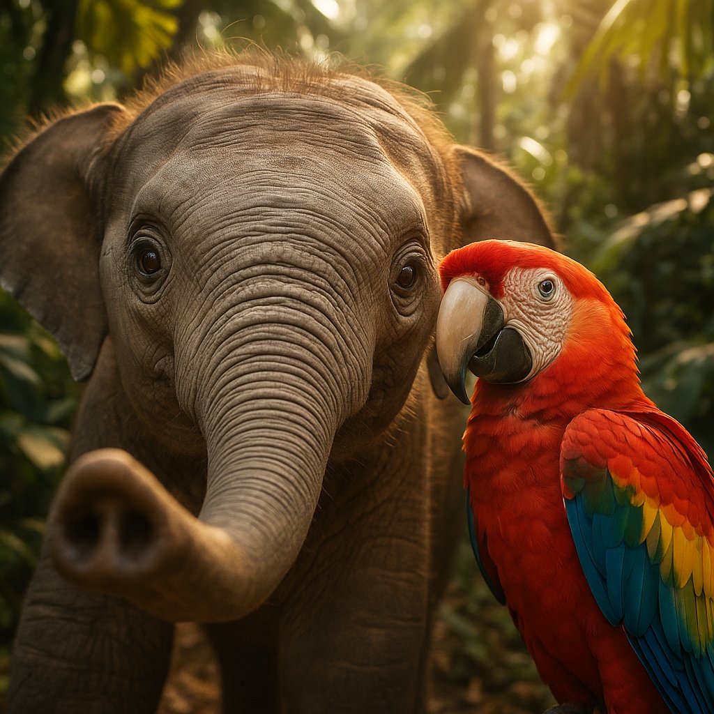 Jungle Selfie: Young Elephant and Scarlet Macaw
