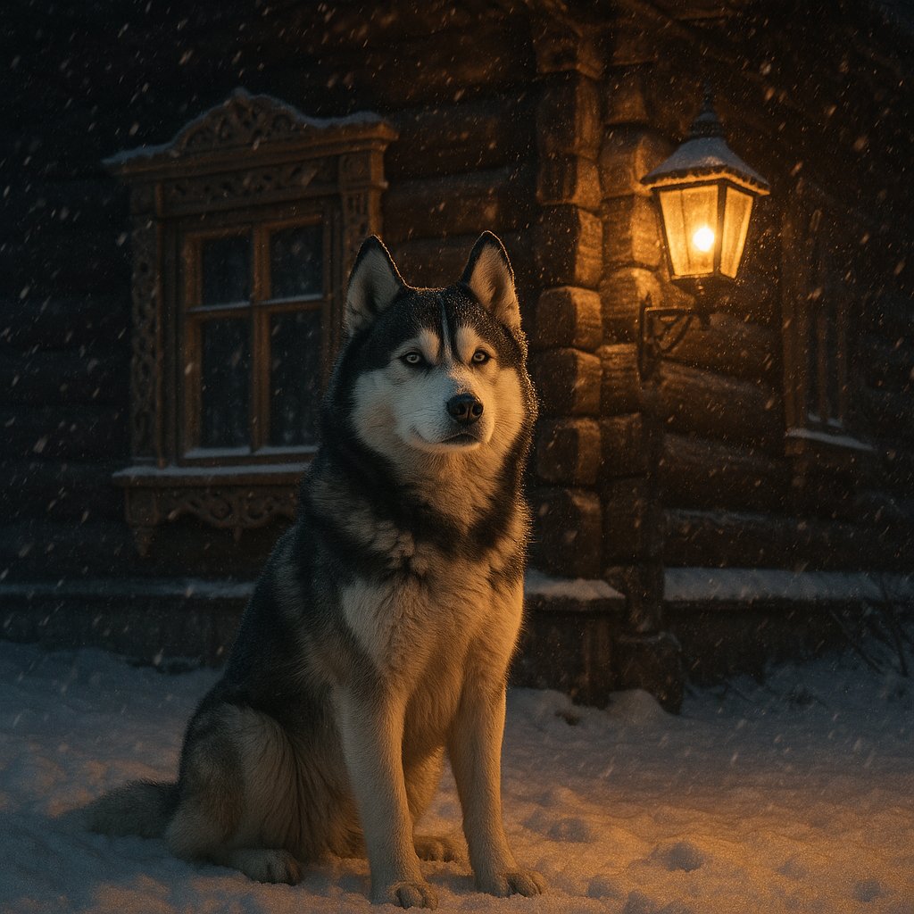 Lantern Watch: Siberian Husky in a Snowstorm