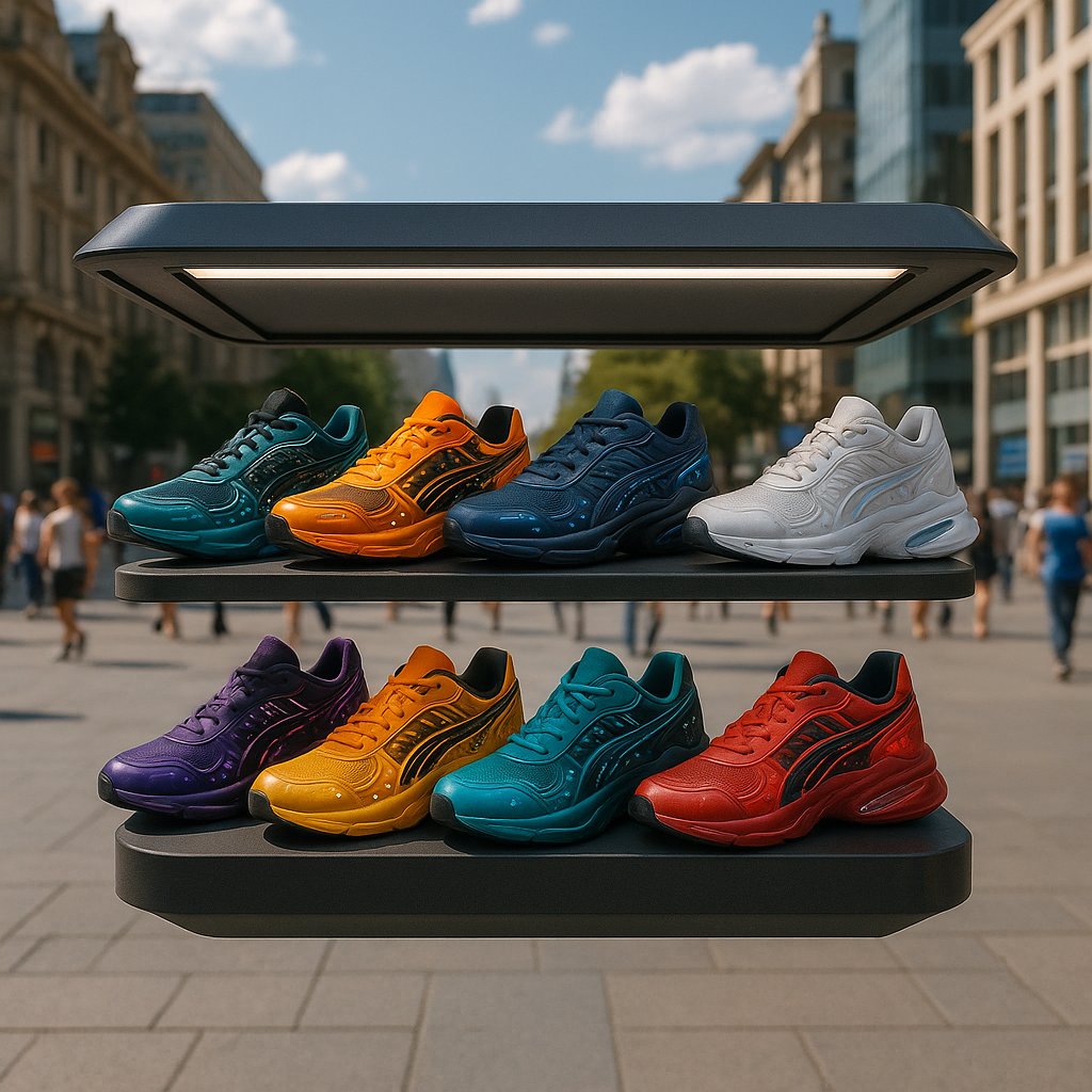 Levitating Sneaker Kiosk — Futuristic Multi‑Color Display in Urban Plaza