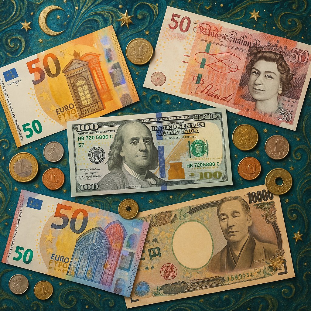 Magical Currency Flatlay — World Banknotes & Coins