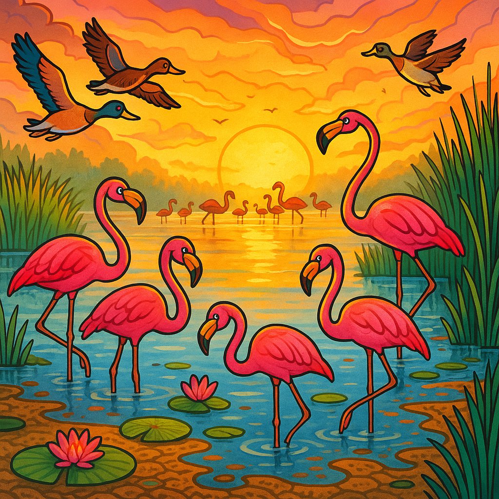 Misty Wetland Sunrise with Flamingos