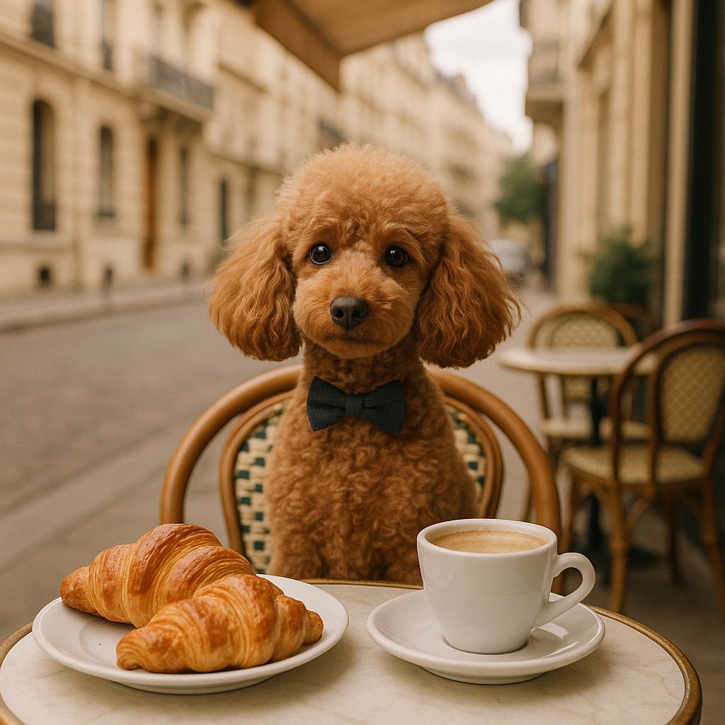 Morning Elegance: Poodle at a Parisian Café