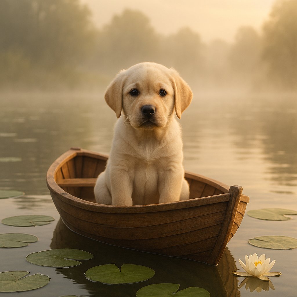 Morning Voyage: Labrador Puppy in a Tiny Rowboat