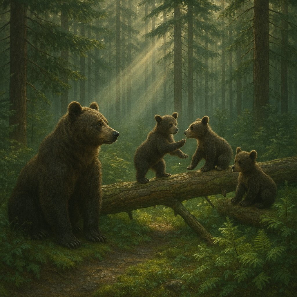 Morning Watch: Mother Bear and Cubs on a Fallen Log