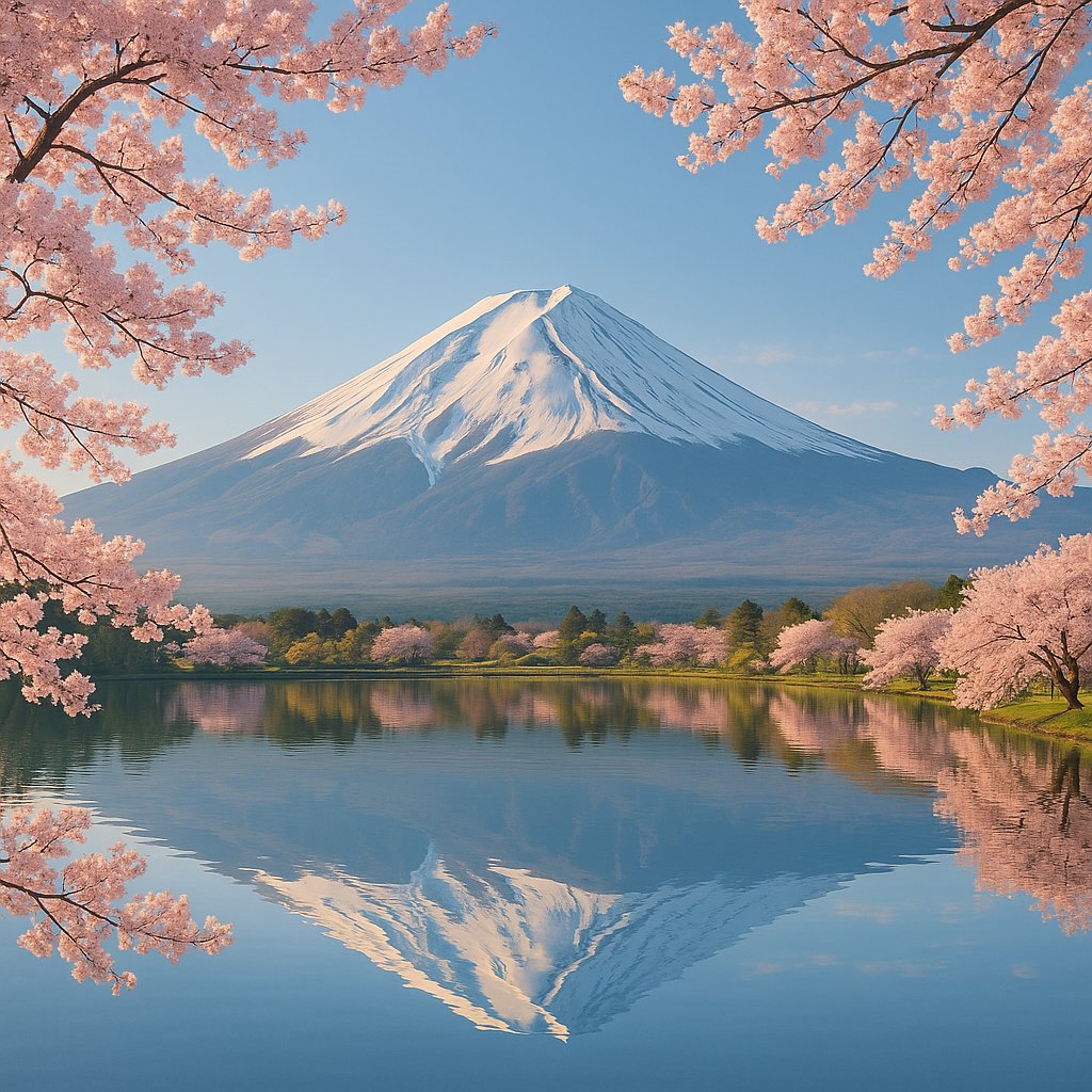Mount Fuji in Spring — Cherry Blossom Reflection