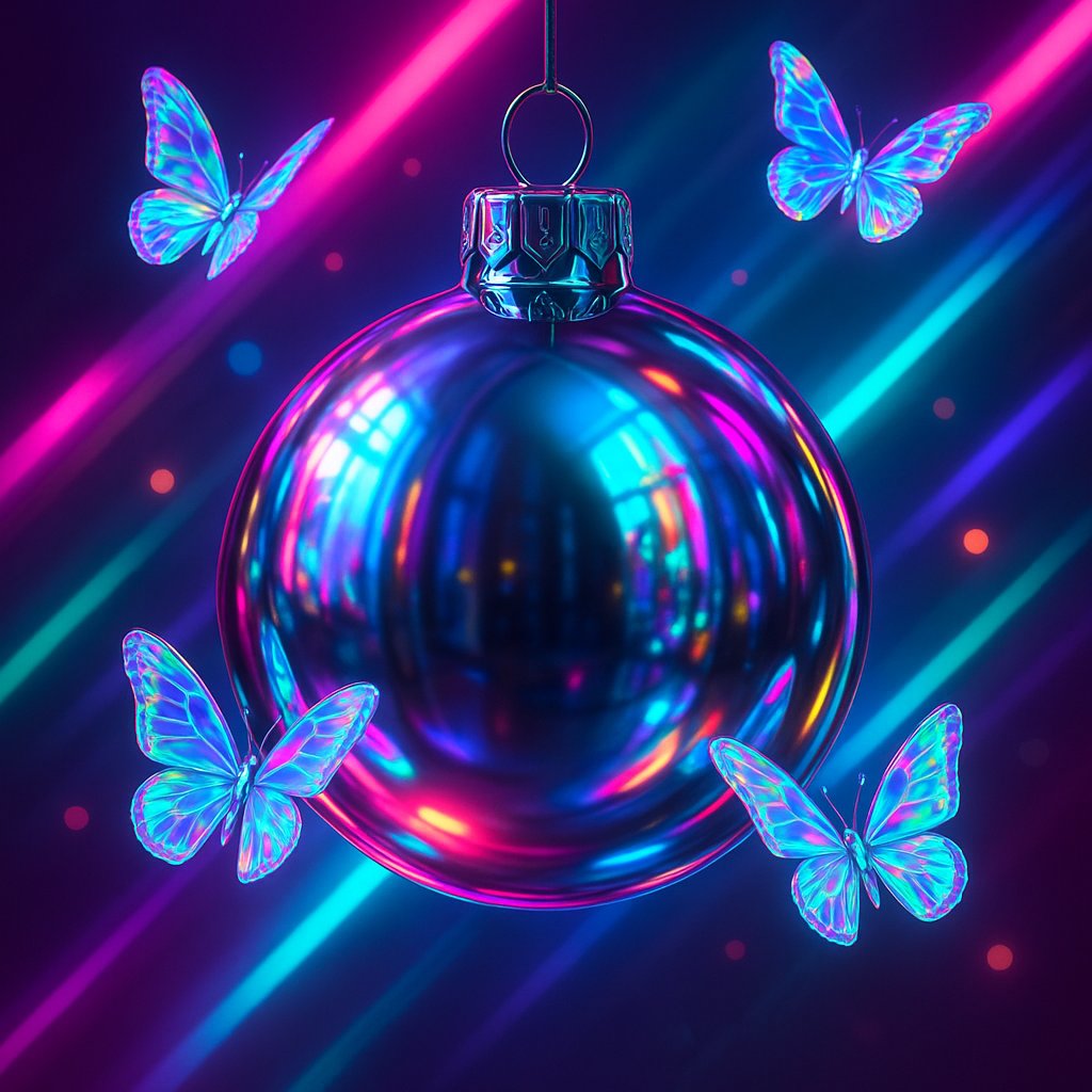 Neon Noel: Holographic Butterflies on Chrome Orb
