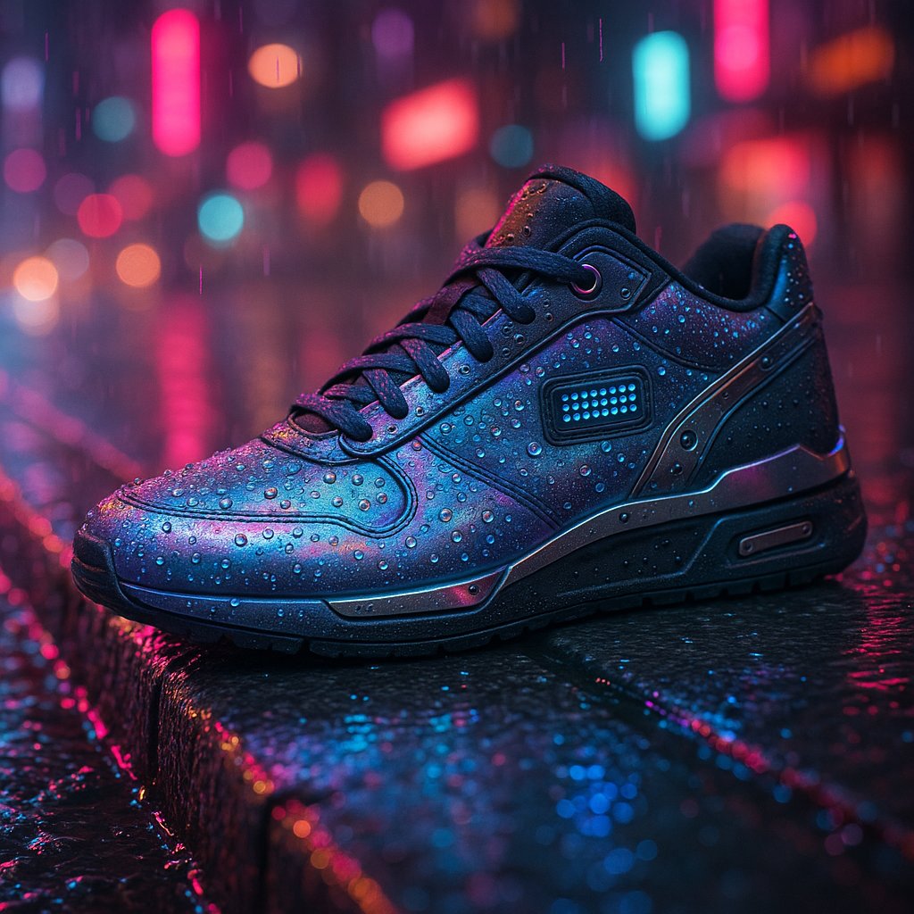 Neon Rain Runner — Holographic Sneaker on Wet Curb