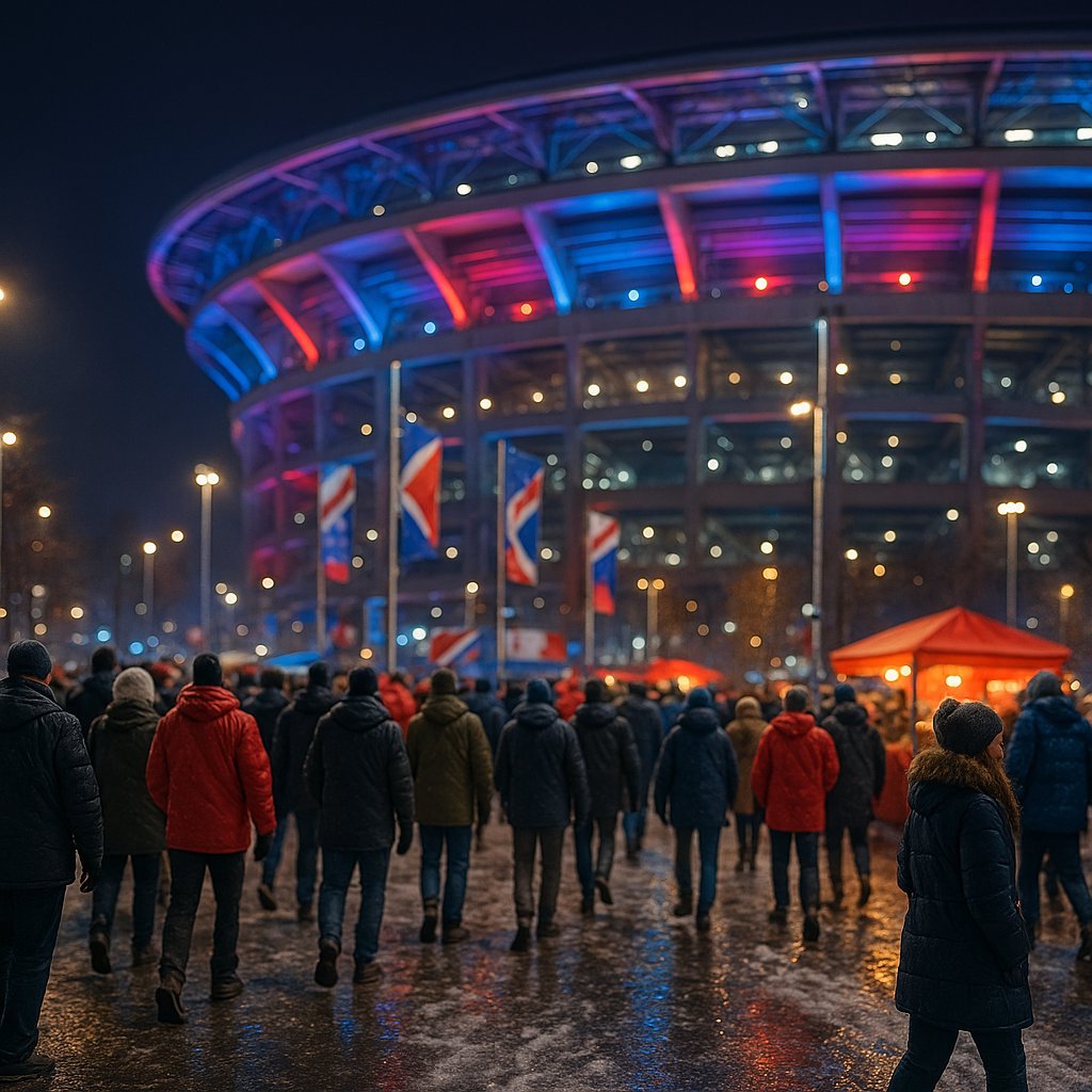Night Crowd Outside Illuminated Stadium