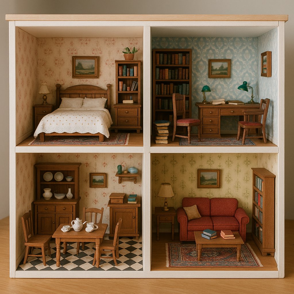 Open Dollhouse with Four Detailed Rooms and Miniature Furnishings