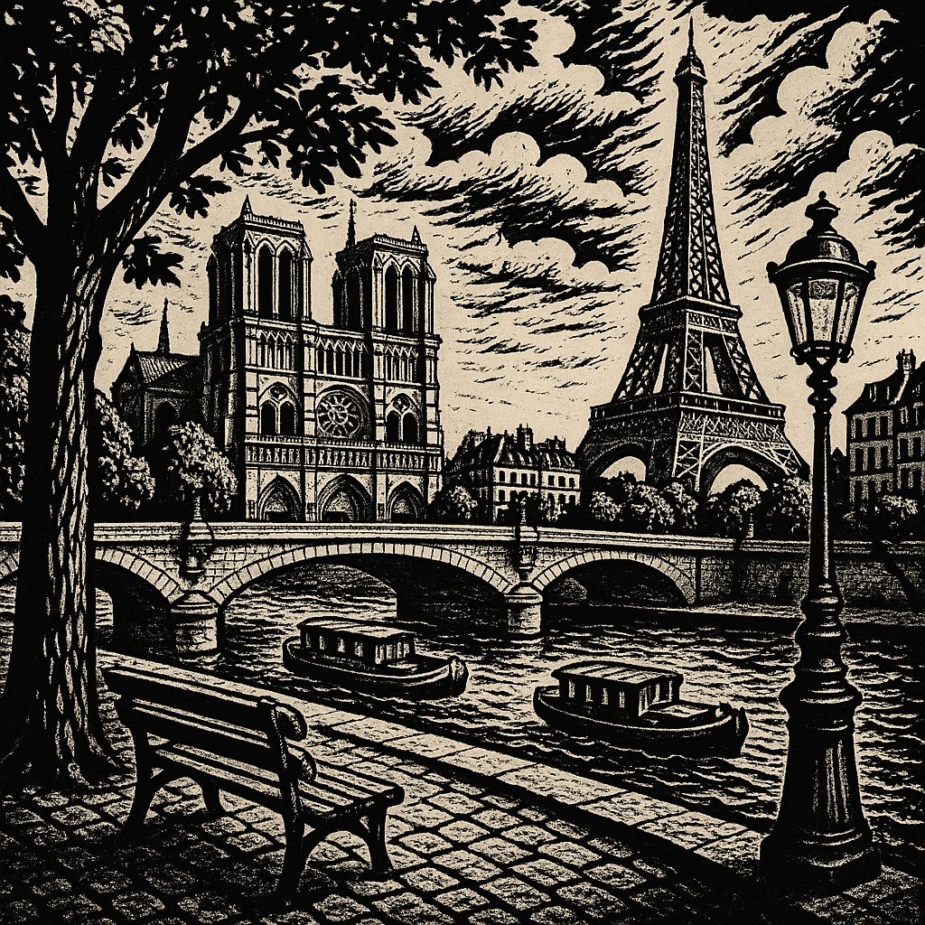 Parisian Evening in High-Contrast Woodcut