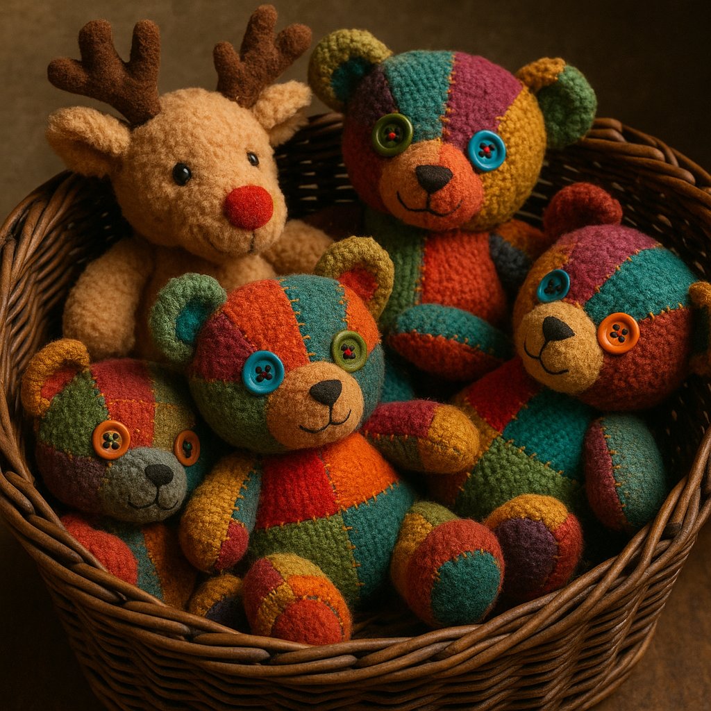 Patchwork Teddy Bears and Plush Reindeer in Woven Basket