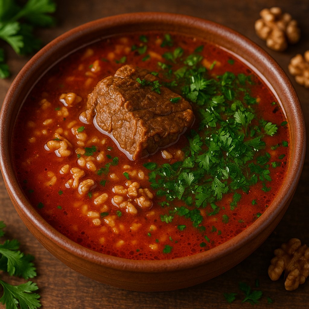 Photorealistic Kharcho Soup — Beef, Rice & Walnuts