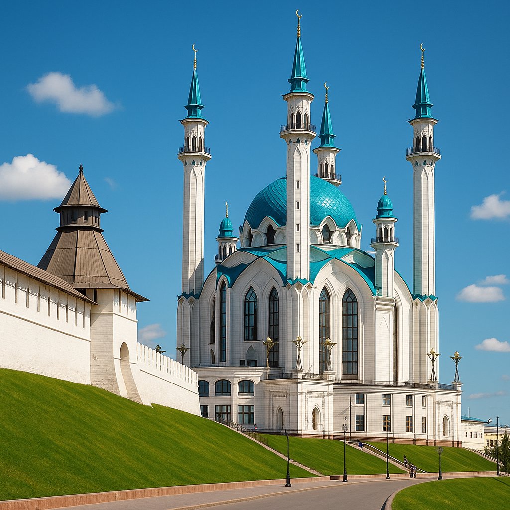 Qol Sharif Mosque, Kazan Kremlin — Turquoise Domes Under Blue Sky
