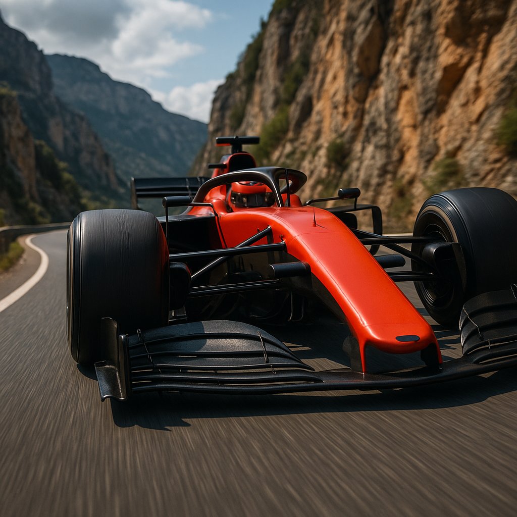 Red Open‑Wheel Racer Carving a Mountain Turn