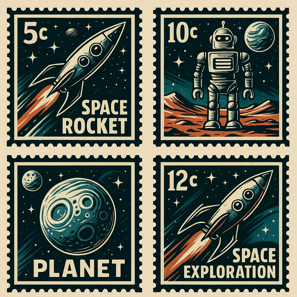 Retro Sci‑Fi Stamp Set — Rockets, Robots & Planets