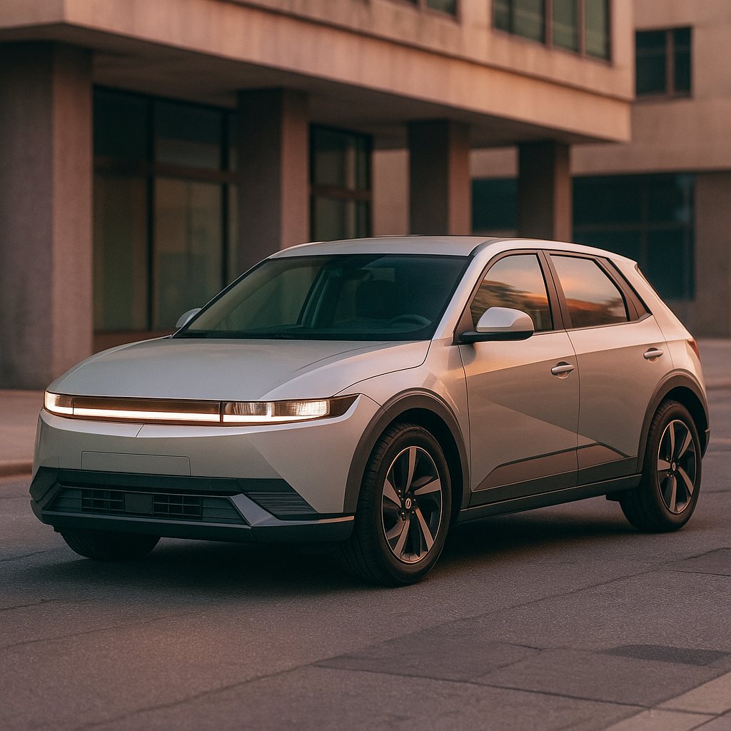 Retro‑Futuristic Compact Electric Crossover at Dusk