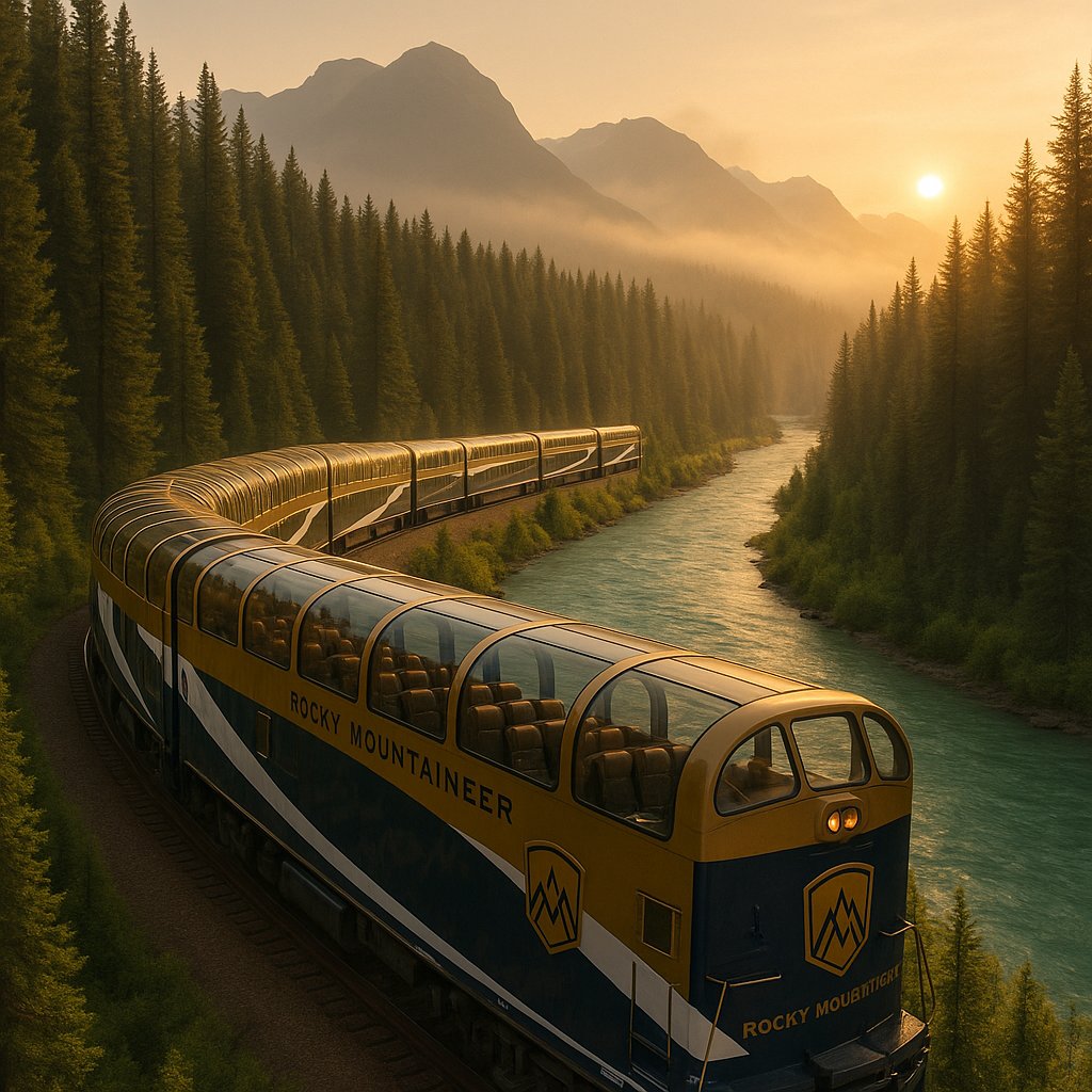 Rocky Mountaineer at Sunrise — Glass‑Domed Train Through the Canadian Rockies