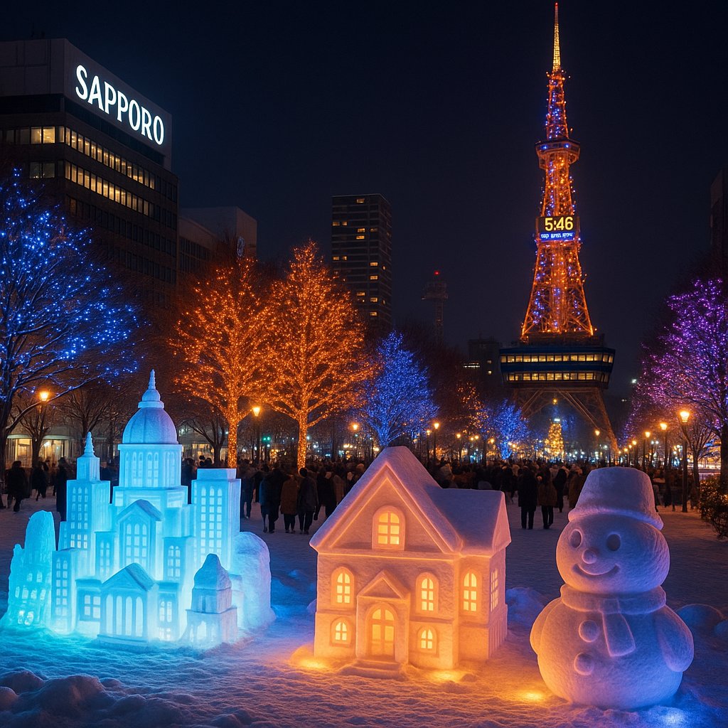 Sapporo Winter Festival — Illuminated Snow Sculptures at Night