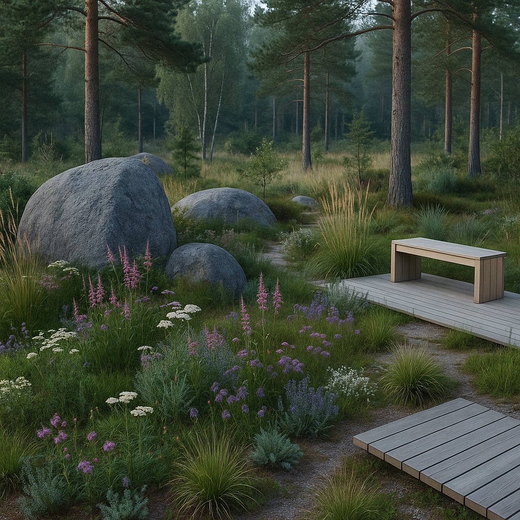 Scandinavian Natural Garden with Granite and Pines