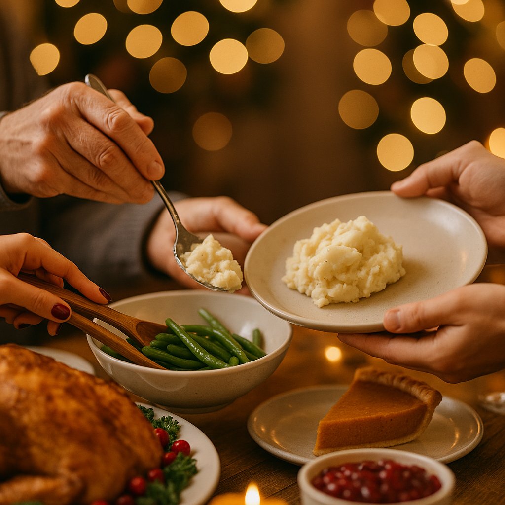 Serving Thanksgiving Sides at a Warm Family Dinner