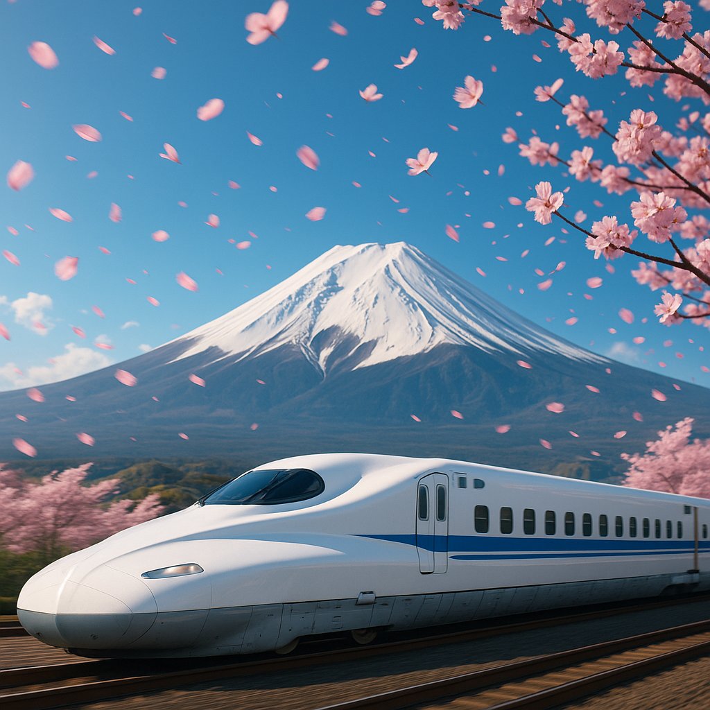 Shinkansen Past Mount Fuji in Cherry Blossom Breeze