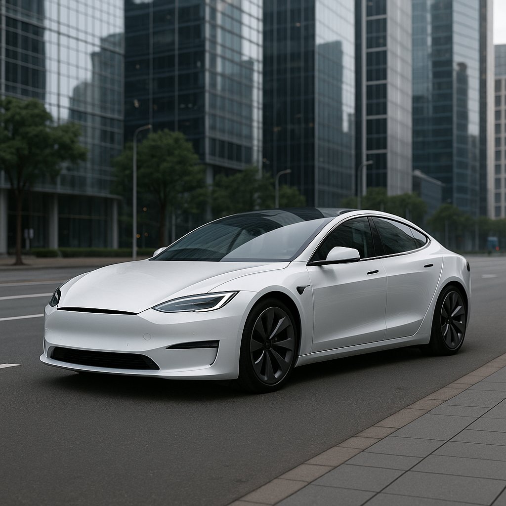Sleek Electric Sedan in Modern Cityscape