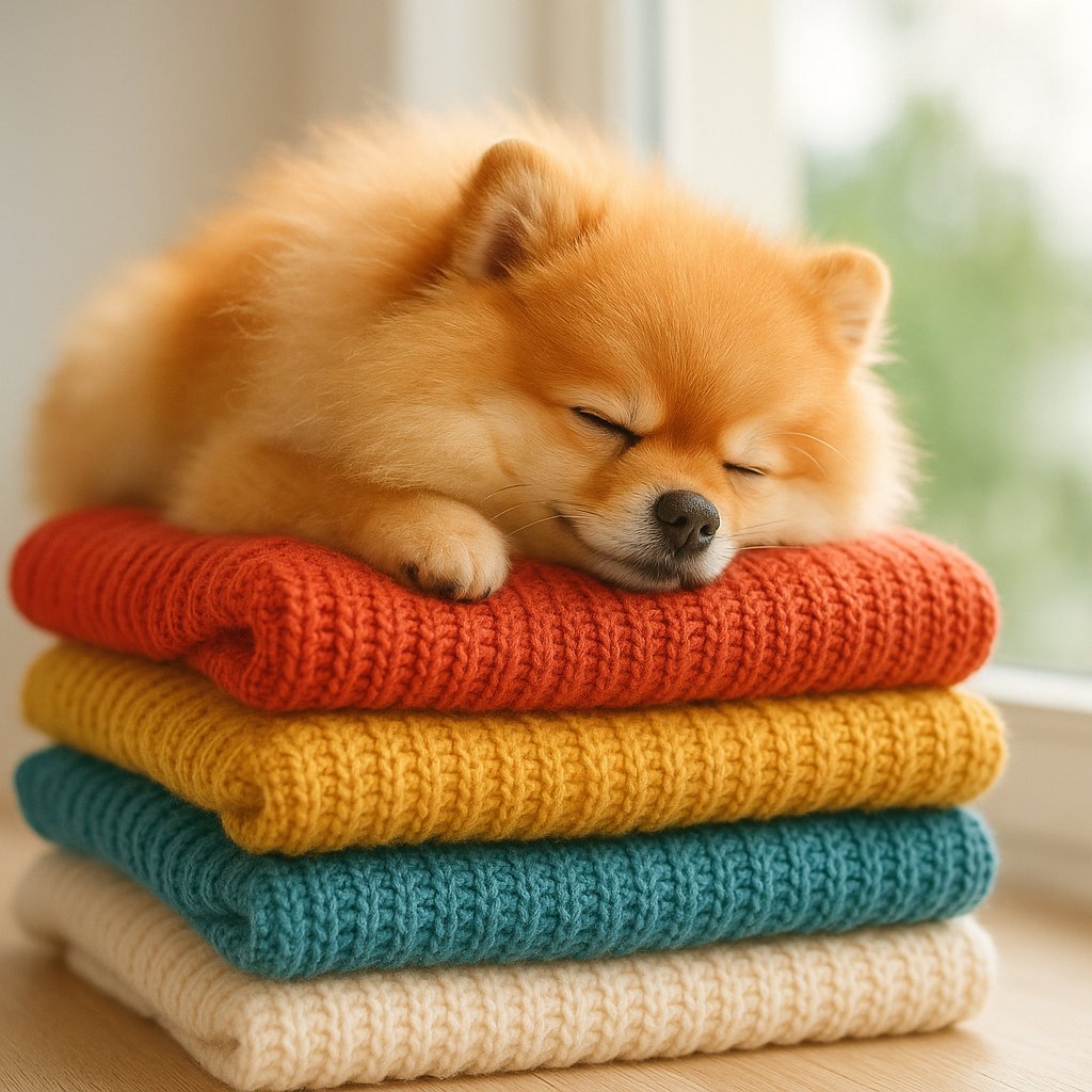 Sleepy Pomeranian on Colorful Cozy Sweaters