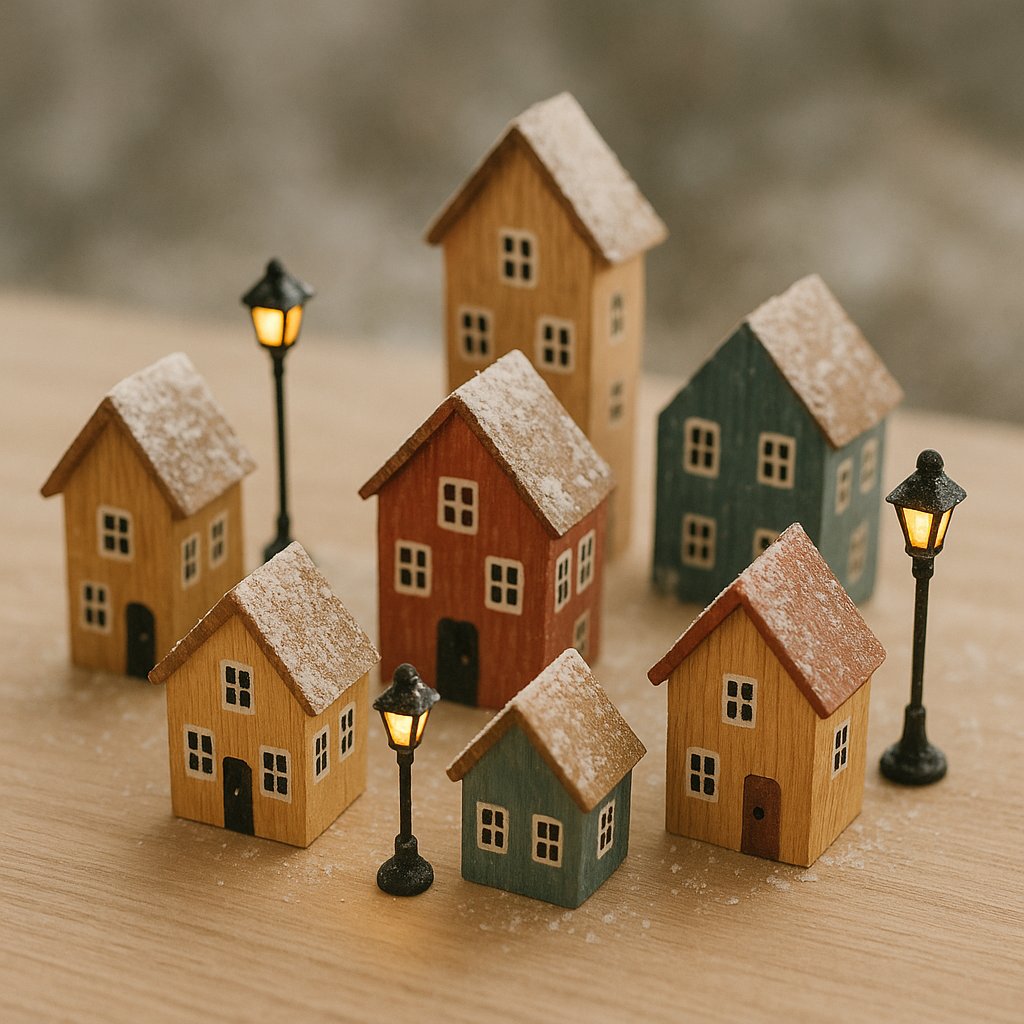 Snow-Dusted Miniature Wooden Village with Glowing Lampposts