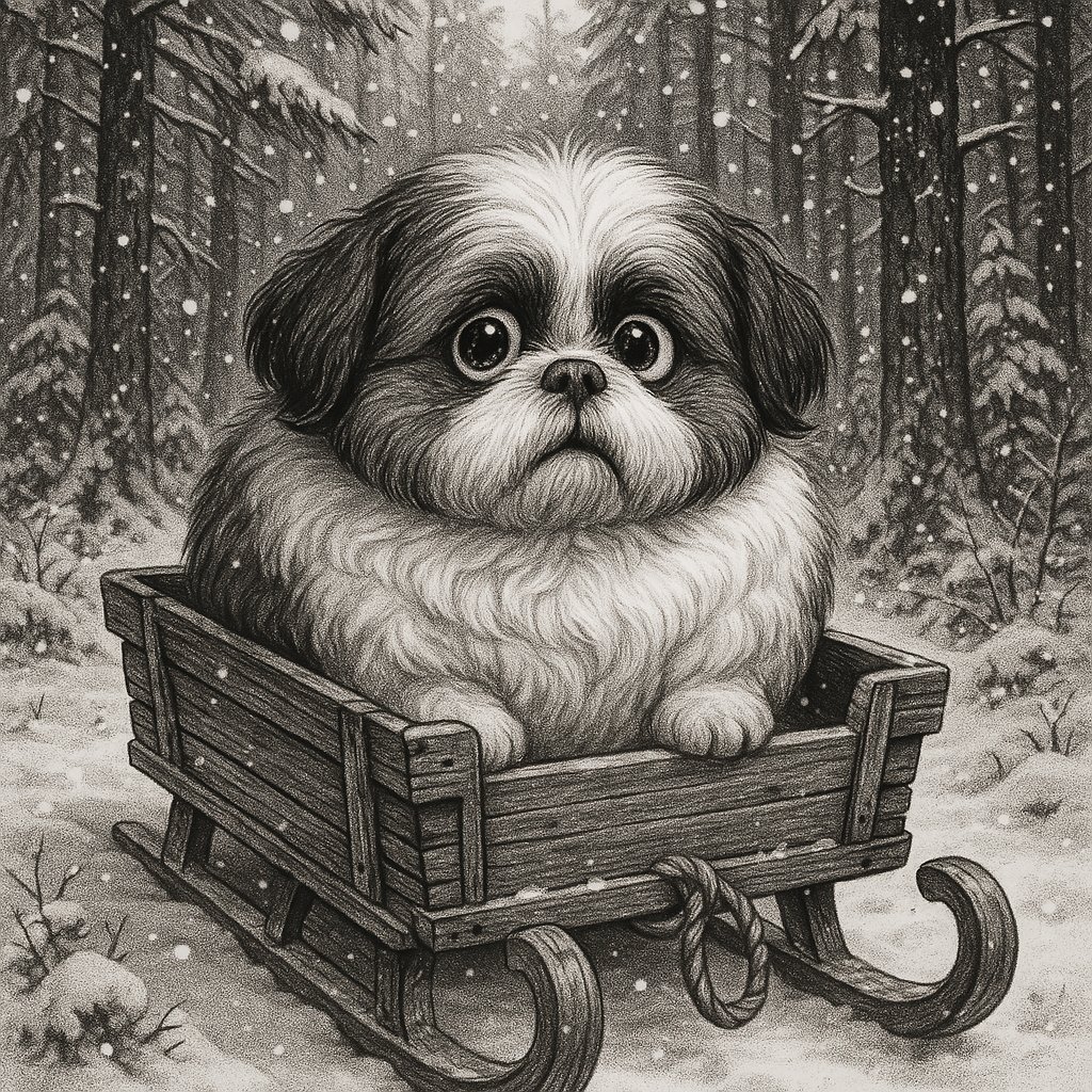 Snowbound Pompom: A Shih Tzu in a Wooden Sled