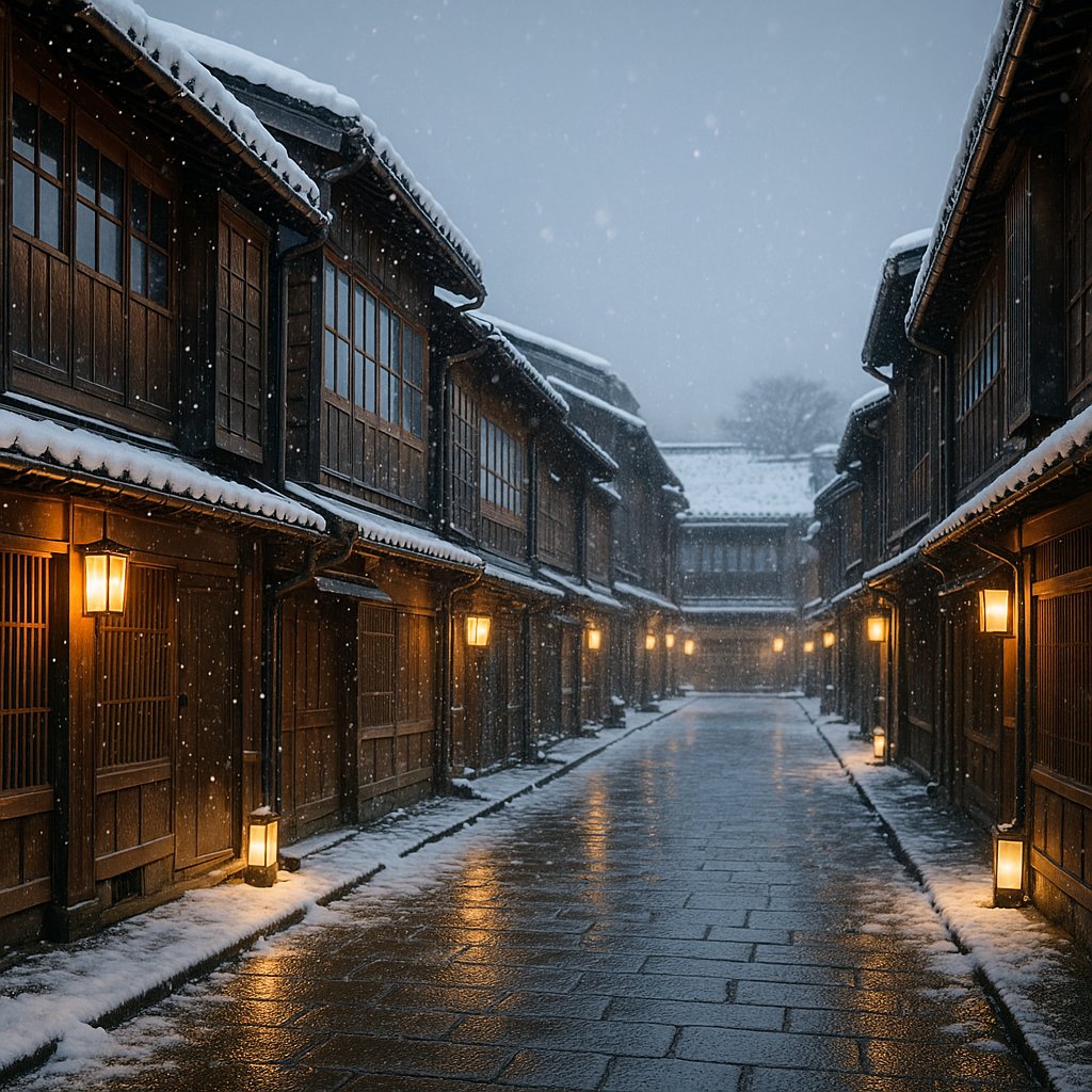 Snowy Evening in Kanazawa's Higashi Chaya District