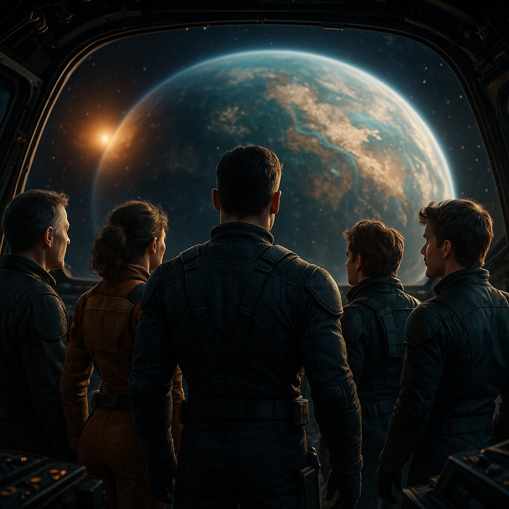 Space Heroes Gazing at a Fantasy Planet
