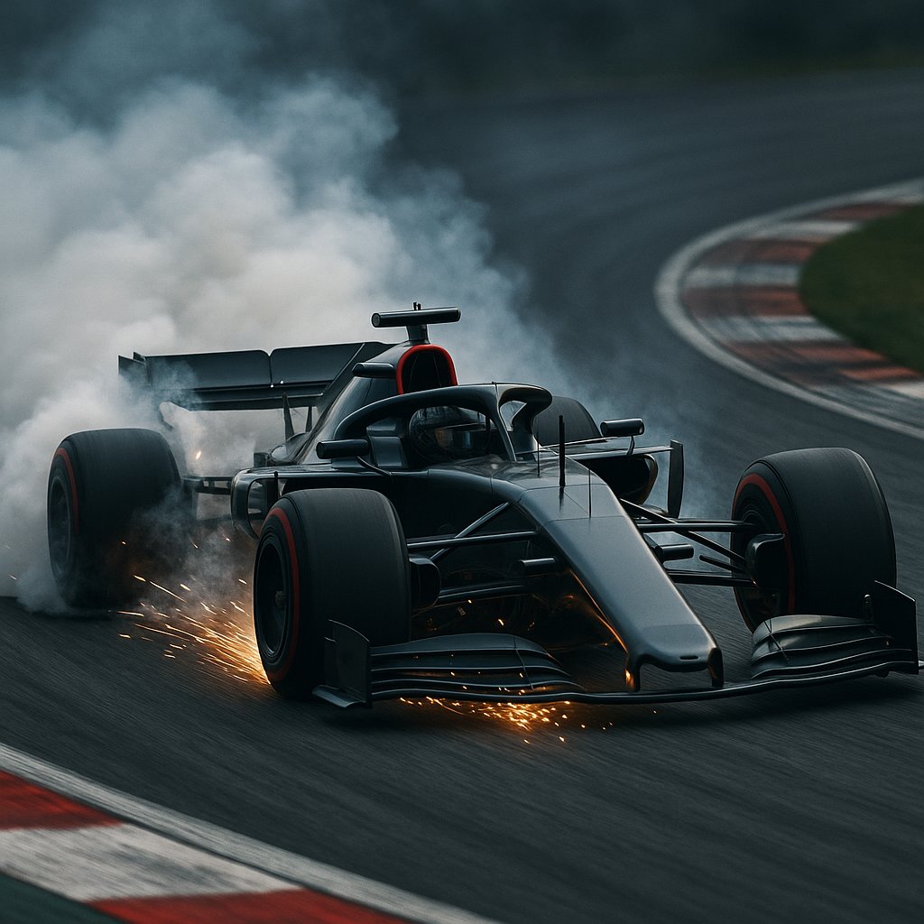 Sparks and Smoke: F1 Car Sliding Through a Curve